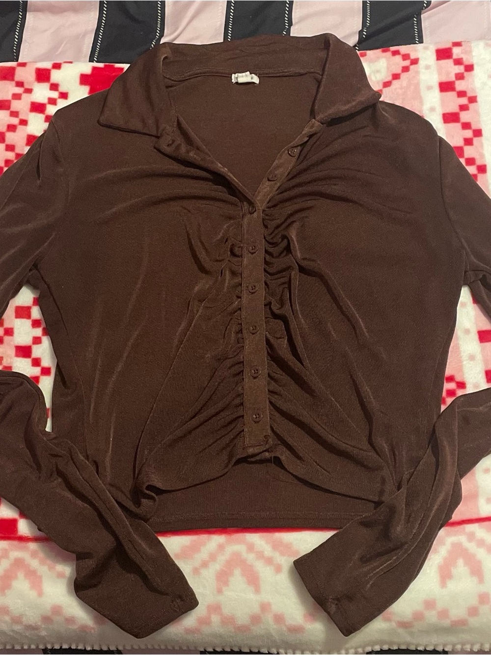 Garage Brown Ruched Button-Front Long Sleeve Shirt